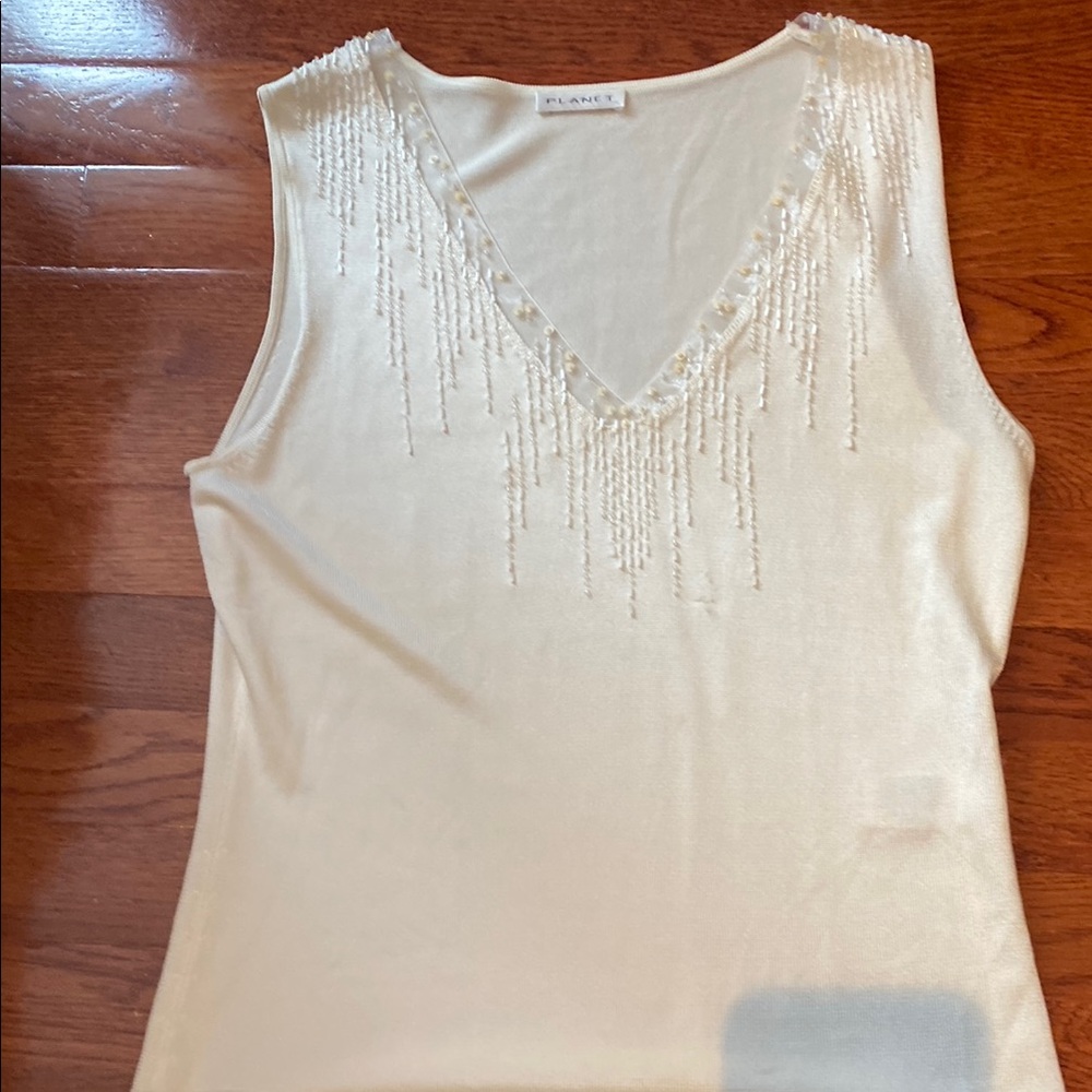 Planet Cream  Embellished Fitted Tank Top